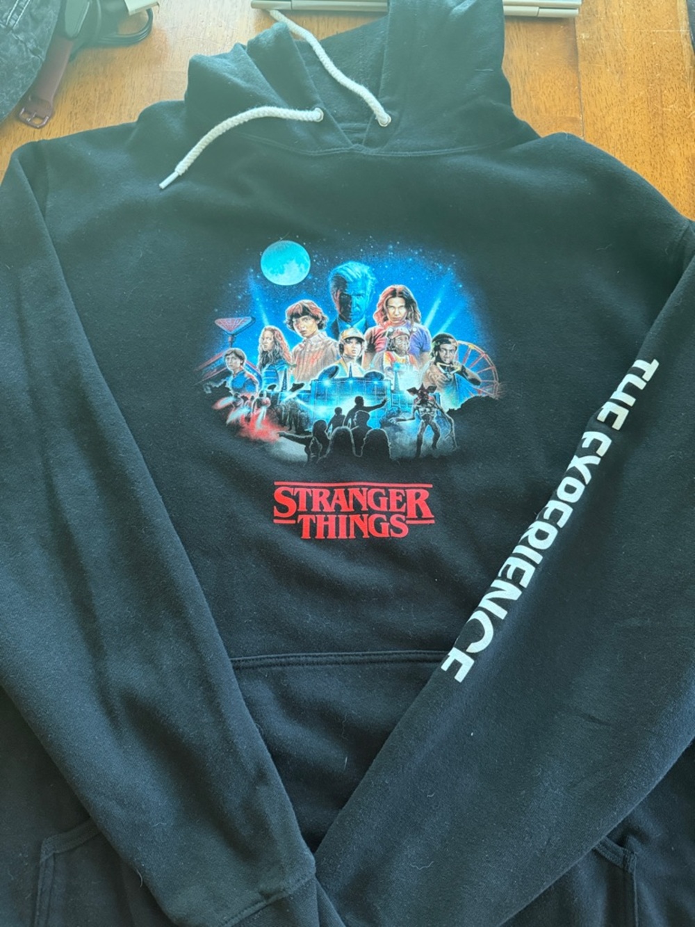 Netflix Black Stranger Things Graphic Zip-Up Sweater with Multicolor Chest Art